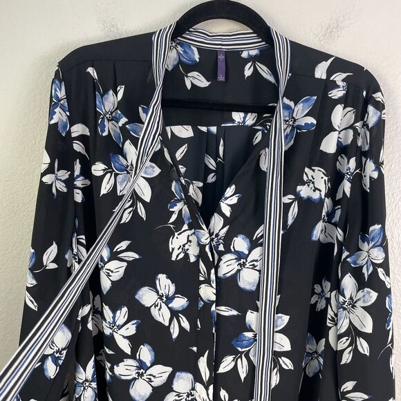 Nydj Womens Large Blue White Black Floral Tie Neck Blouse Long Sleeve Shirt Top - Picture 11 of 11
